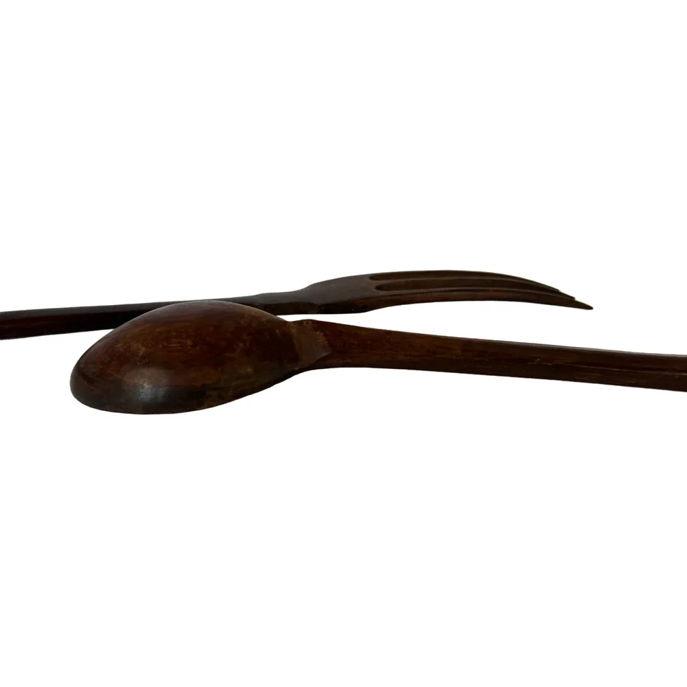 Vintage Hand Carved Long Wooden Salad Serving Set Fork Spoon Serving Utensils